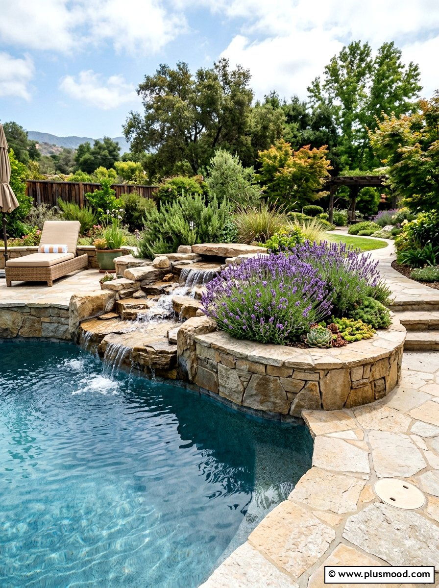 Flagstone Pool Decking Waterfall - 25 pool landscaping ideas with waterfalls