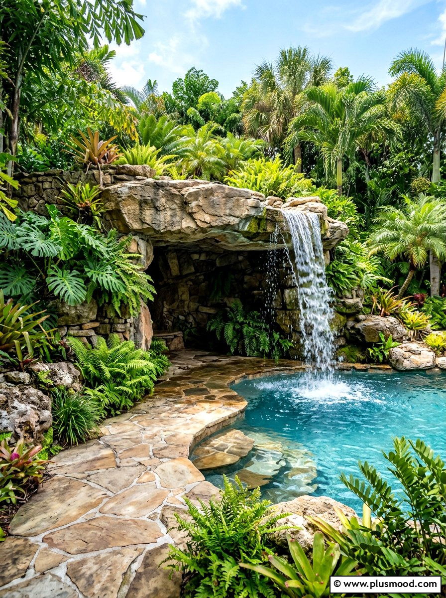 Flagstone Pool Grotto With Lush Plants - 25 pool landscaping ideas with flagstone