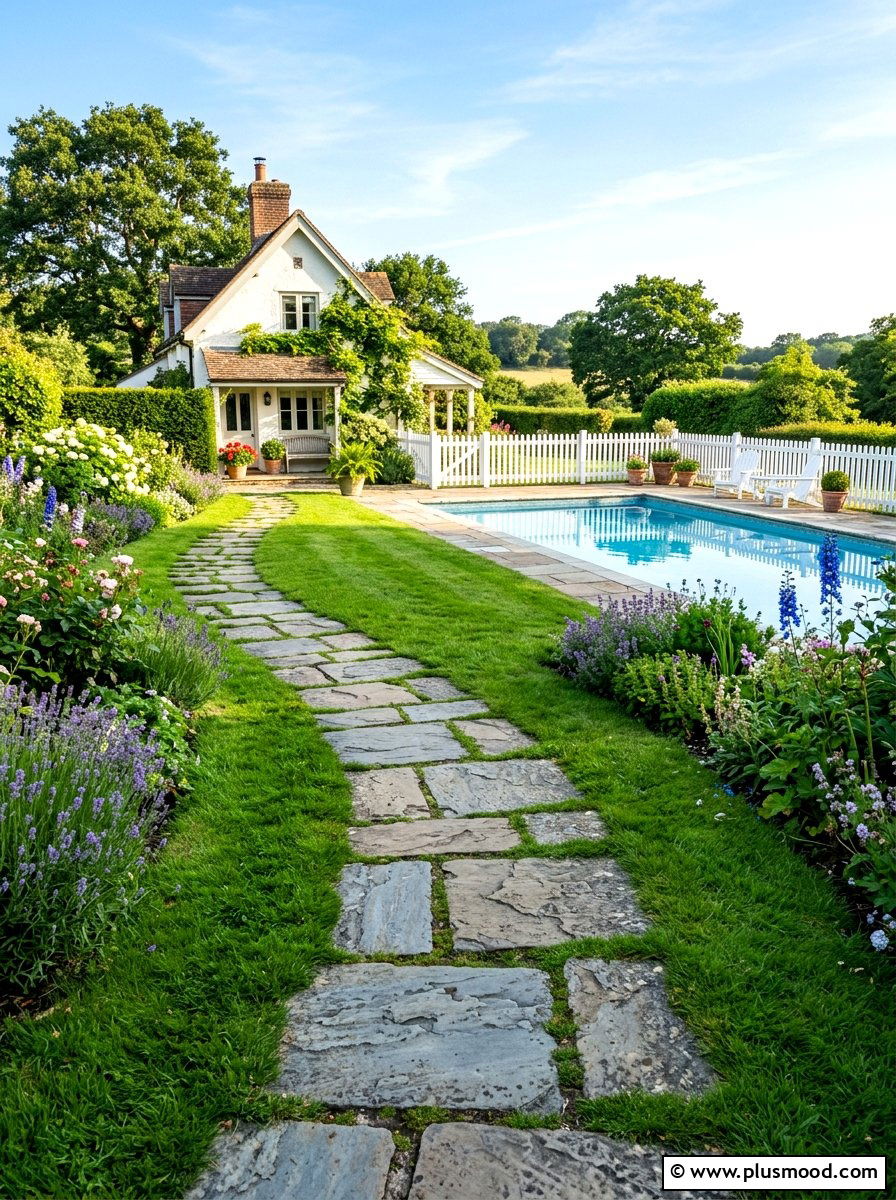Flagstone Pool Path - 25 summer farmhouse pool area ideas