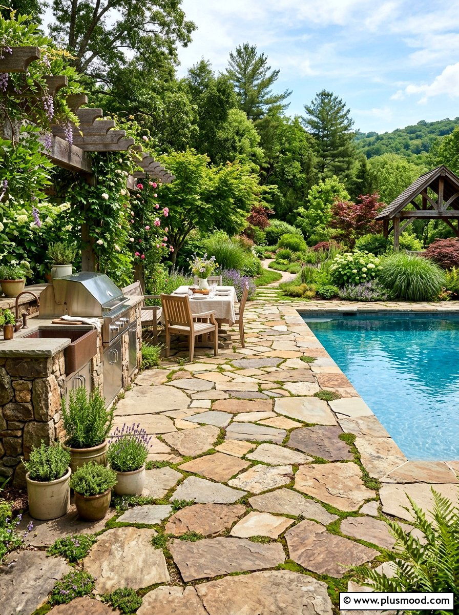 Flagstone Pool Patio - 25 pool landscaping ideas with outdoor kitchen