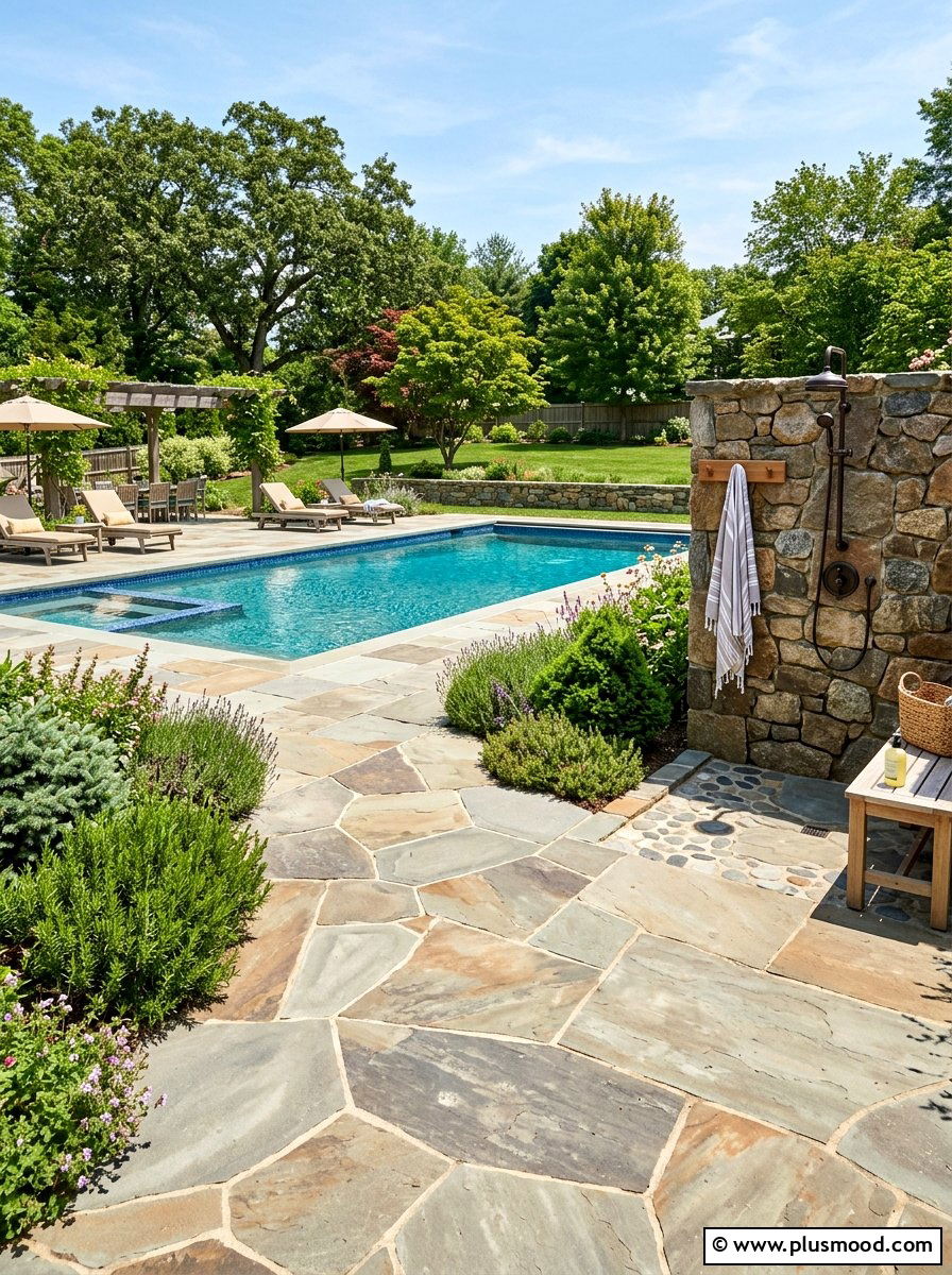 Flagstone Pool Patio With Open Air Shower - 25 pool landscaping ideas with outdoor shower