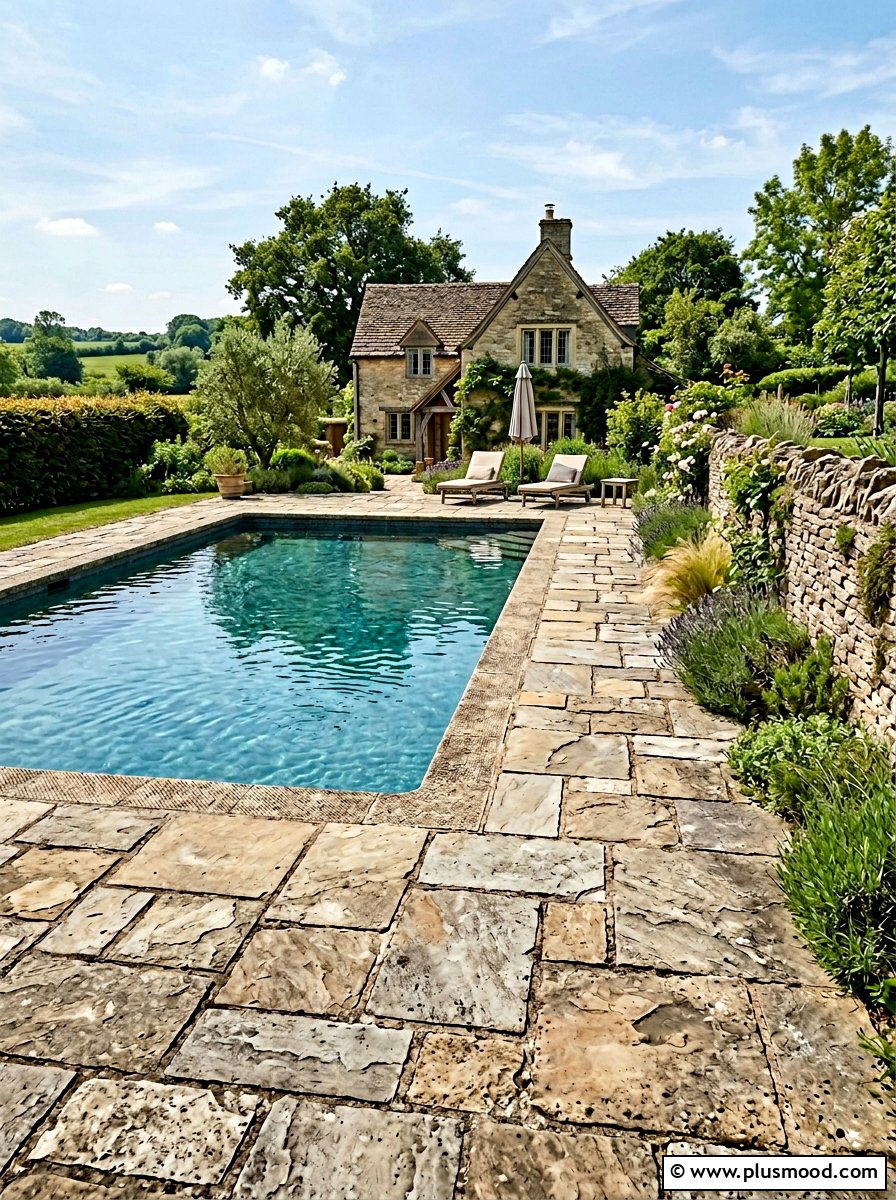 Flagstone Pool Surround - 25 pool landscaping ideas with stone walls