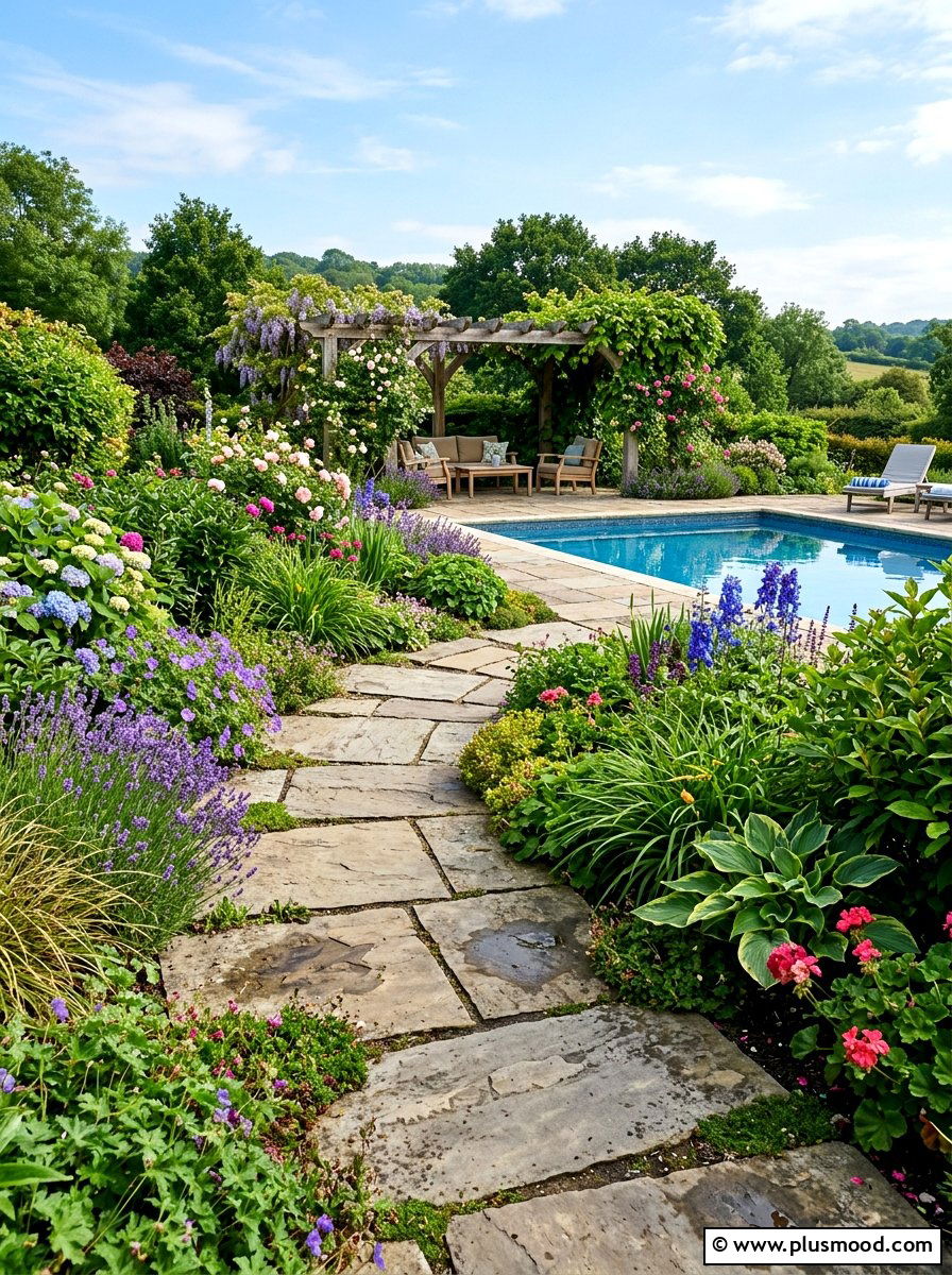 Flagstone Pool Walkway Through Garden - 25 pool landscaping ideas with flagstone