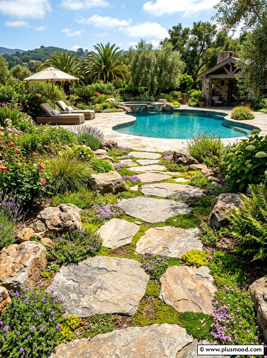 Flagstone Pool Walkway - 25 pool landscaping ideas with boulders
