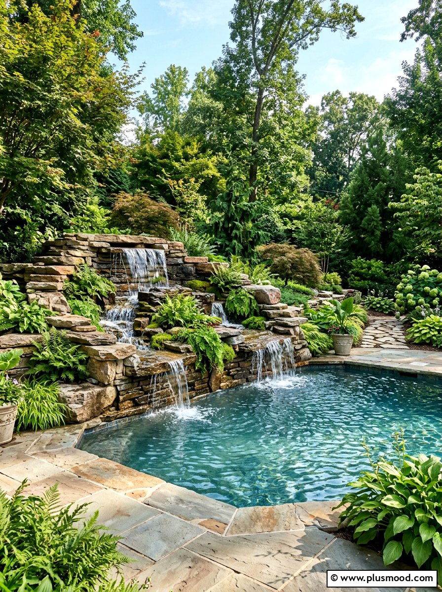 Flagstone Pool Waterfall Feature - 25 pool landscaping ideas with flagstone