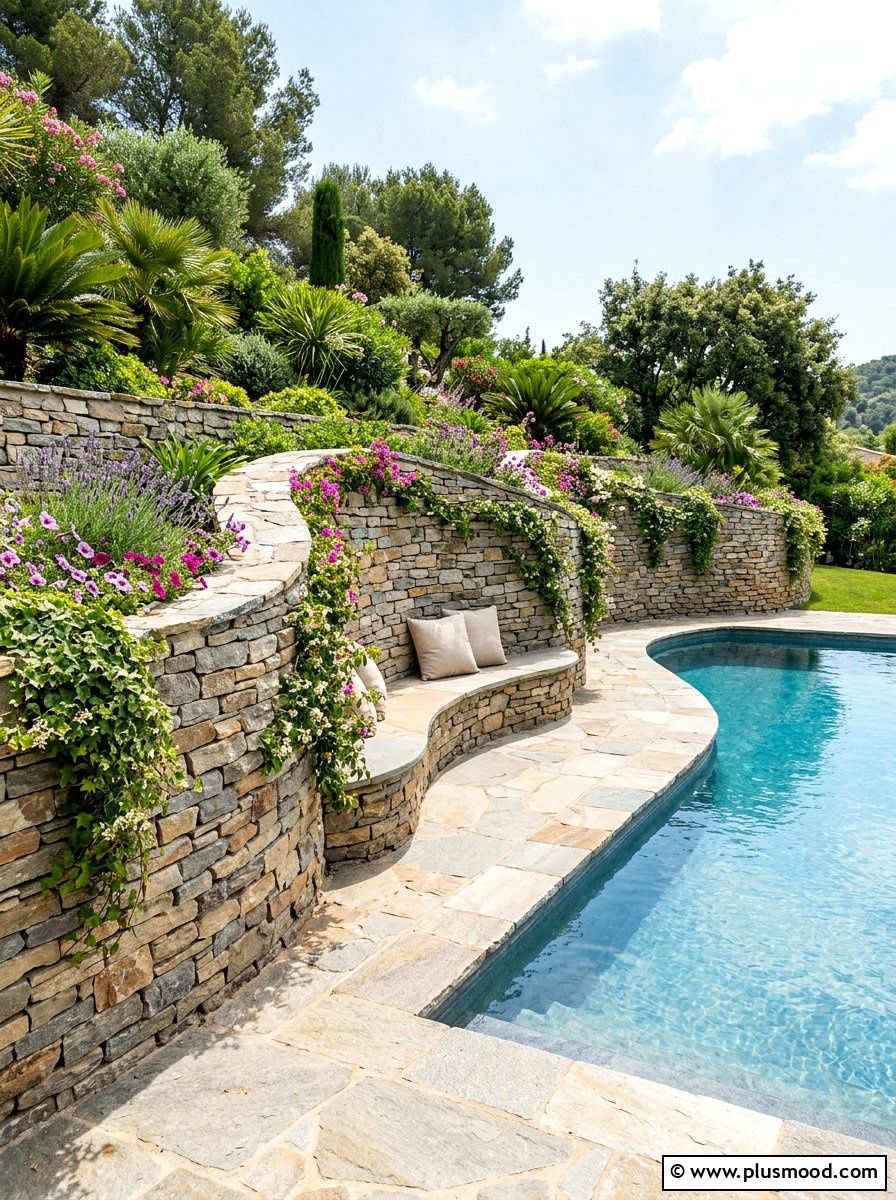 Flagstone Retaining Wall Around Pool - 25 pool landscaping ideas with flagstone