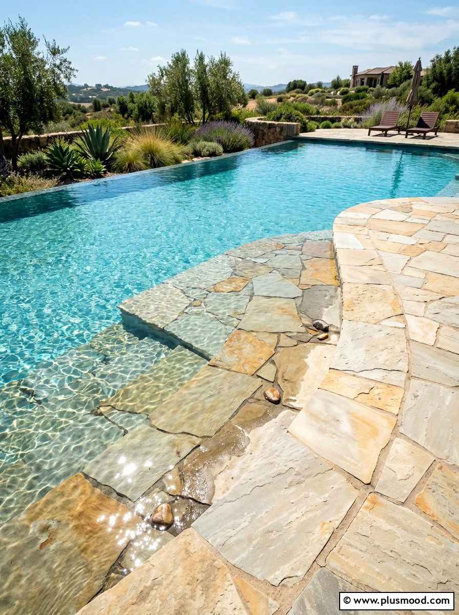Flagstone Sun Shelf Transition - 25 pool landscaping ideas with flagstone