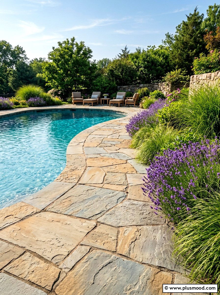 Flagstone Walkway Around Swimming Pool - 25 pool landscaping ideas with stone pathway