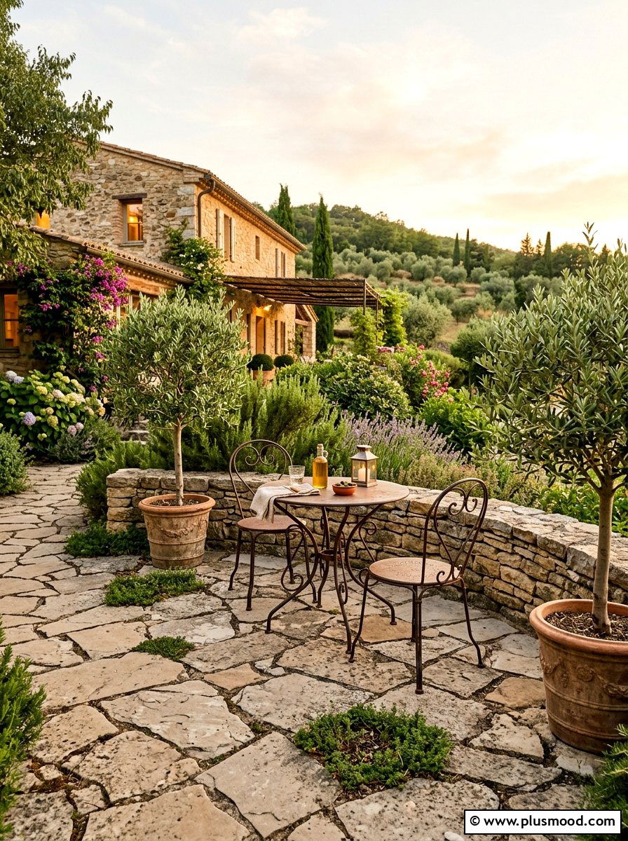 Flagstone patio with stone wall - 25 small backyard ideas with stone wall