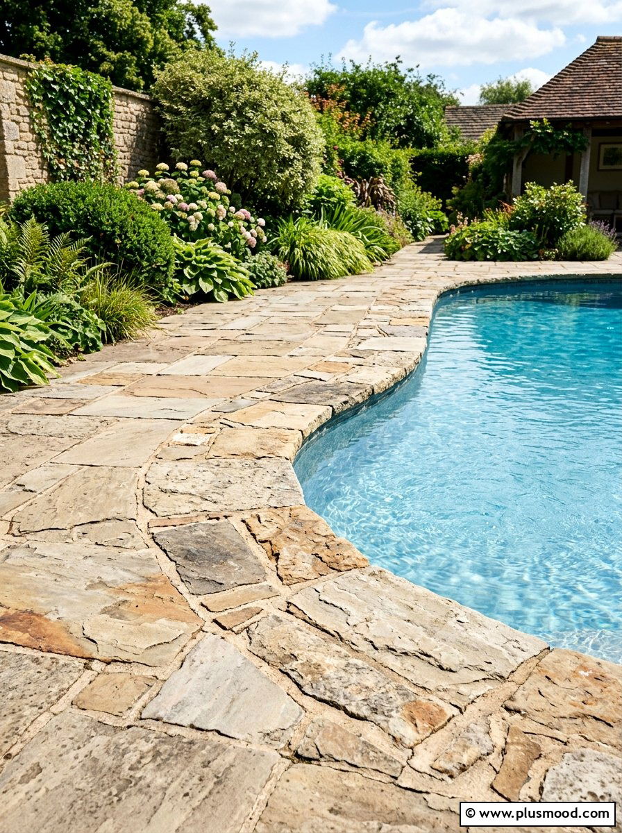 Flagstone pool coping - 25 pool landscaping ideas for colonial homes