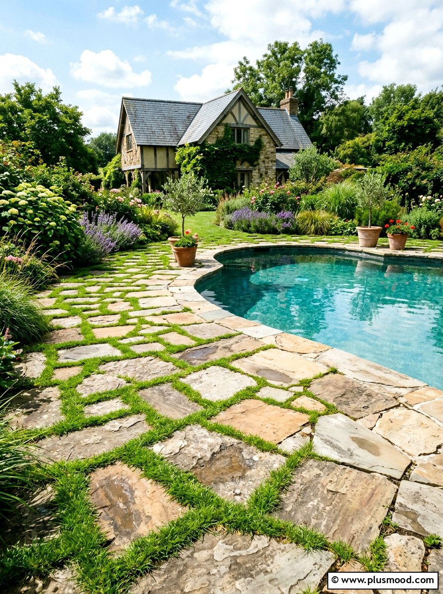 Flagstone pool deck with grass - 25 pool landscaping ideas with grass