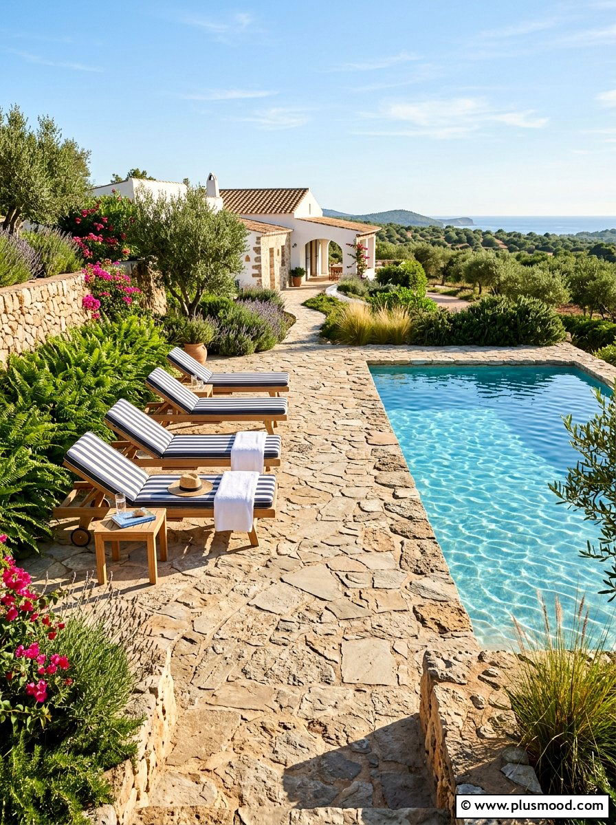 Flagstone pool deck - 25 pool landscaping ideas with natural stone