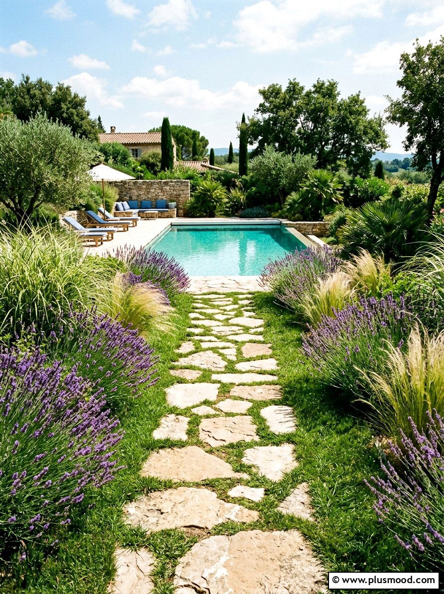Flagstone pool path - 25 pool landscaping ideas with stepping stones
