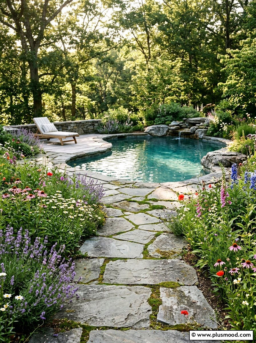 Flagstone walkway for pool - 25 pool landscaping ideas for corner pools
