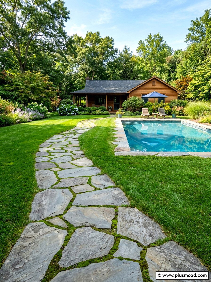 Flagstone walkway to pool - 25 pool landscaping ideas for ranch homes
