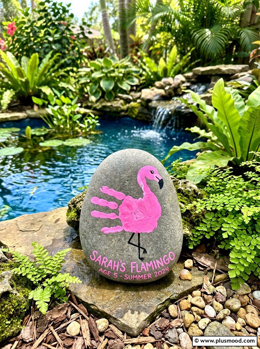 Flamingo Handprint Stone - 25 painted rock ideas with handprint art