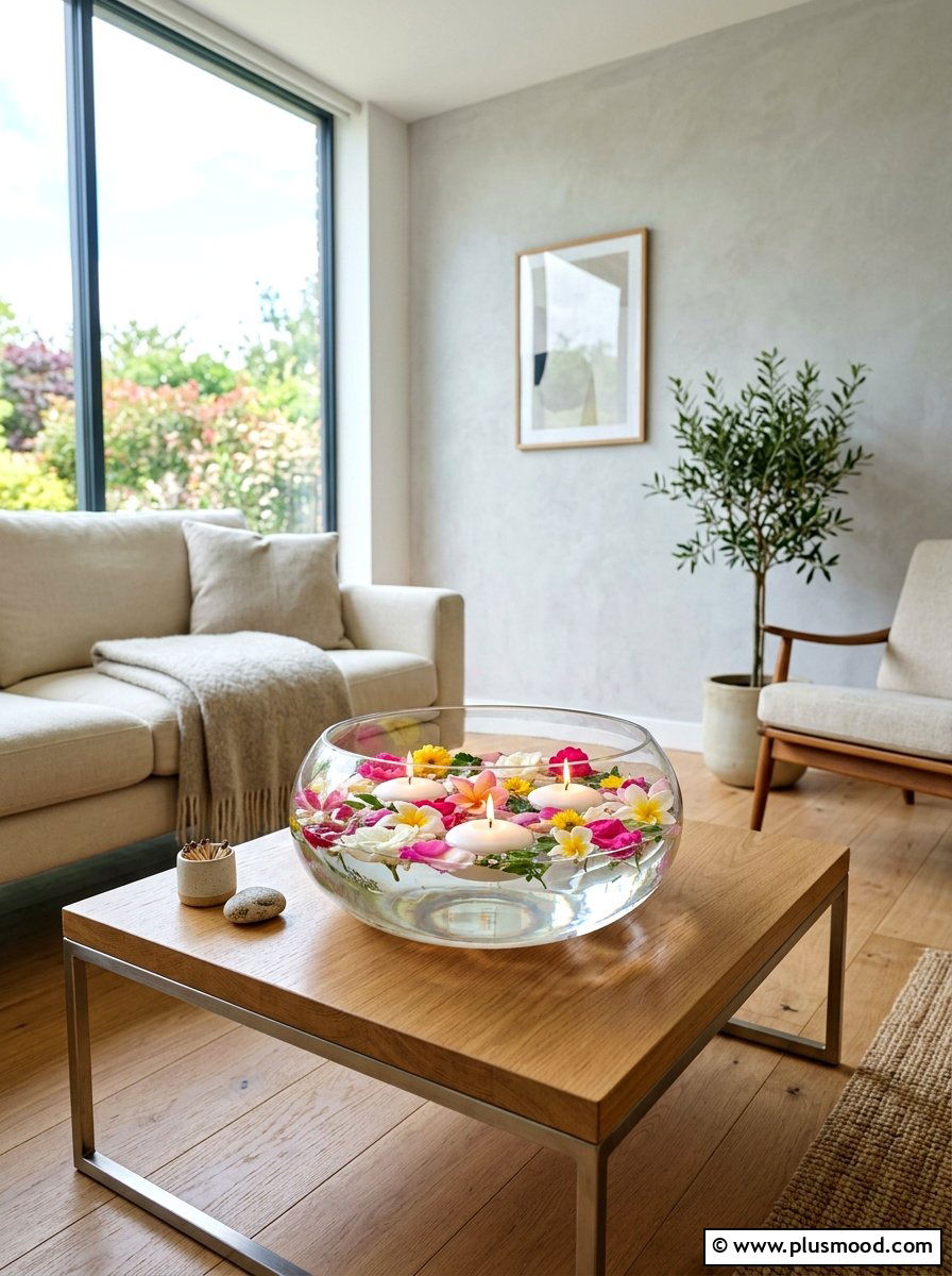 Floating Candle Water Bowl - 25 summer candles decor ideas for living room
