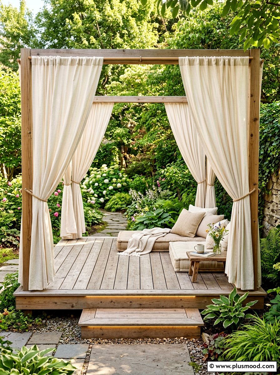 Floating Deck With Perimeter Drapes - 25 small backyard ideas with outdoor curtains