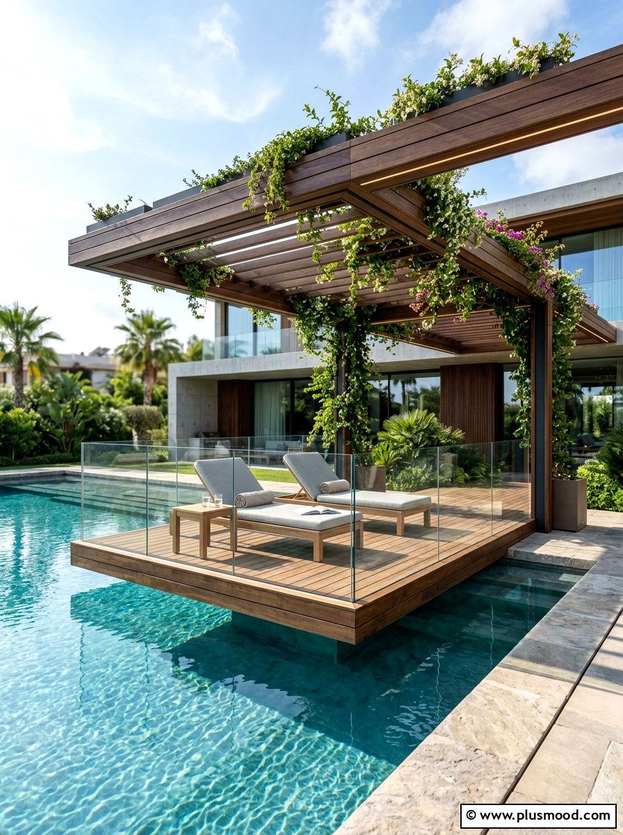 Floating Pool Deck Pergola - 25 pool landscaping ideas with pergola and vines