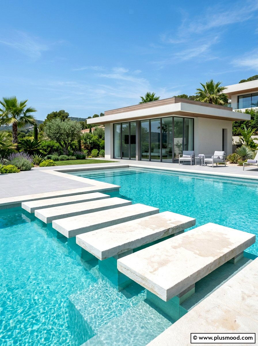 Floating Pool Steps - 25 pool landscaping ideas for zen style