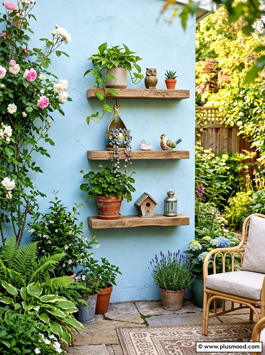 Floating Wall Garden Shelves - 25 small backyard ideas with vertical garden