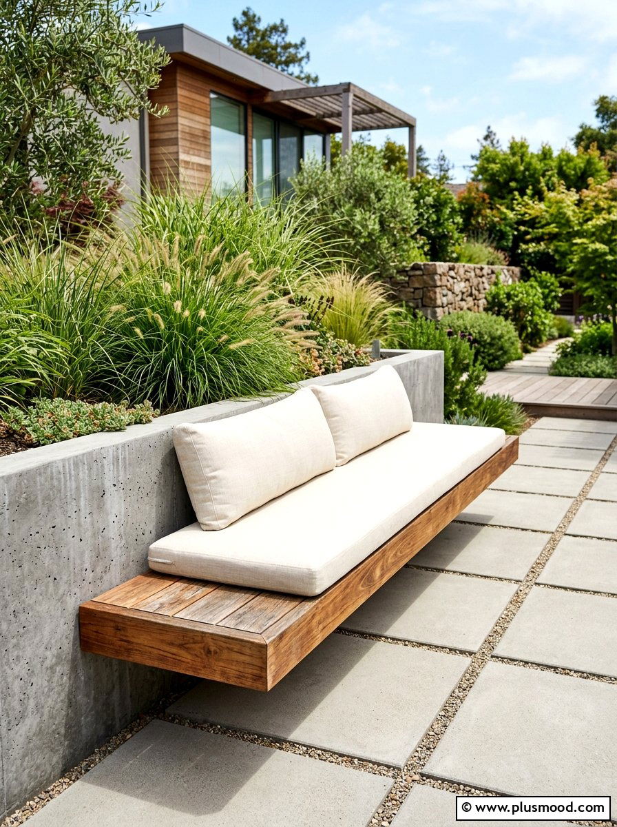 Floating Wood Bench - 25 small backyard ideas with garden