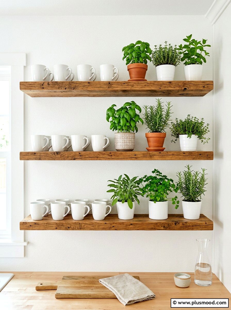 Floating Wood Kitchen Shelves - 25 summer rustic decor ideas