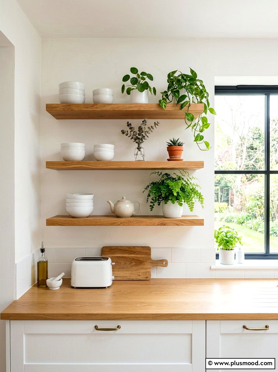 Floating Wood Kitchen Shelves - 25 summer kitchen organization ideas