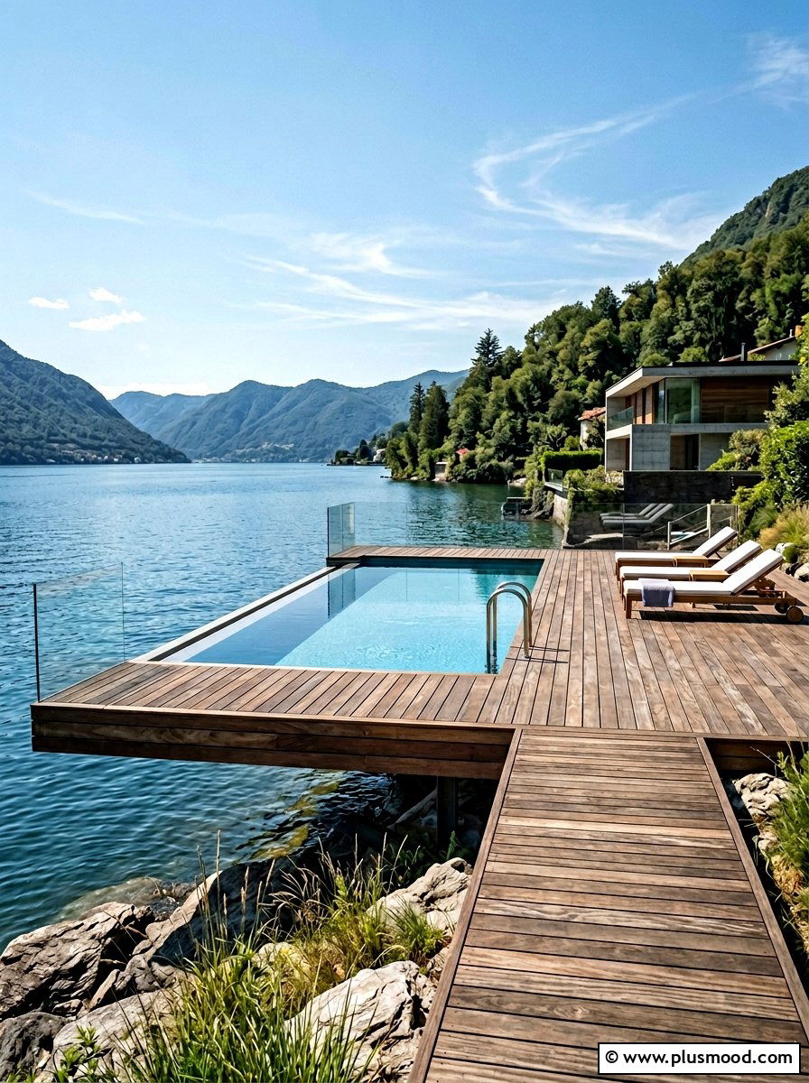 Floating Wood Lakefront Pool Deck - 25 pool landscaping ideas for lakefront homes