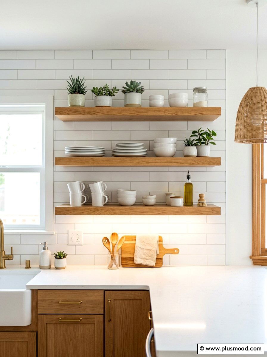 Floating Wood Shelves - 25 summer small kitchen decor ideas