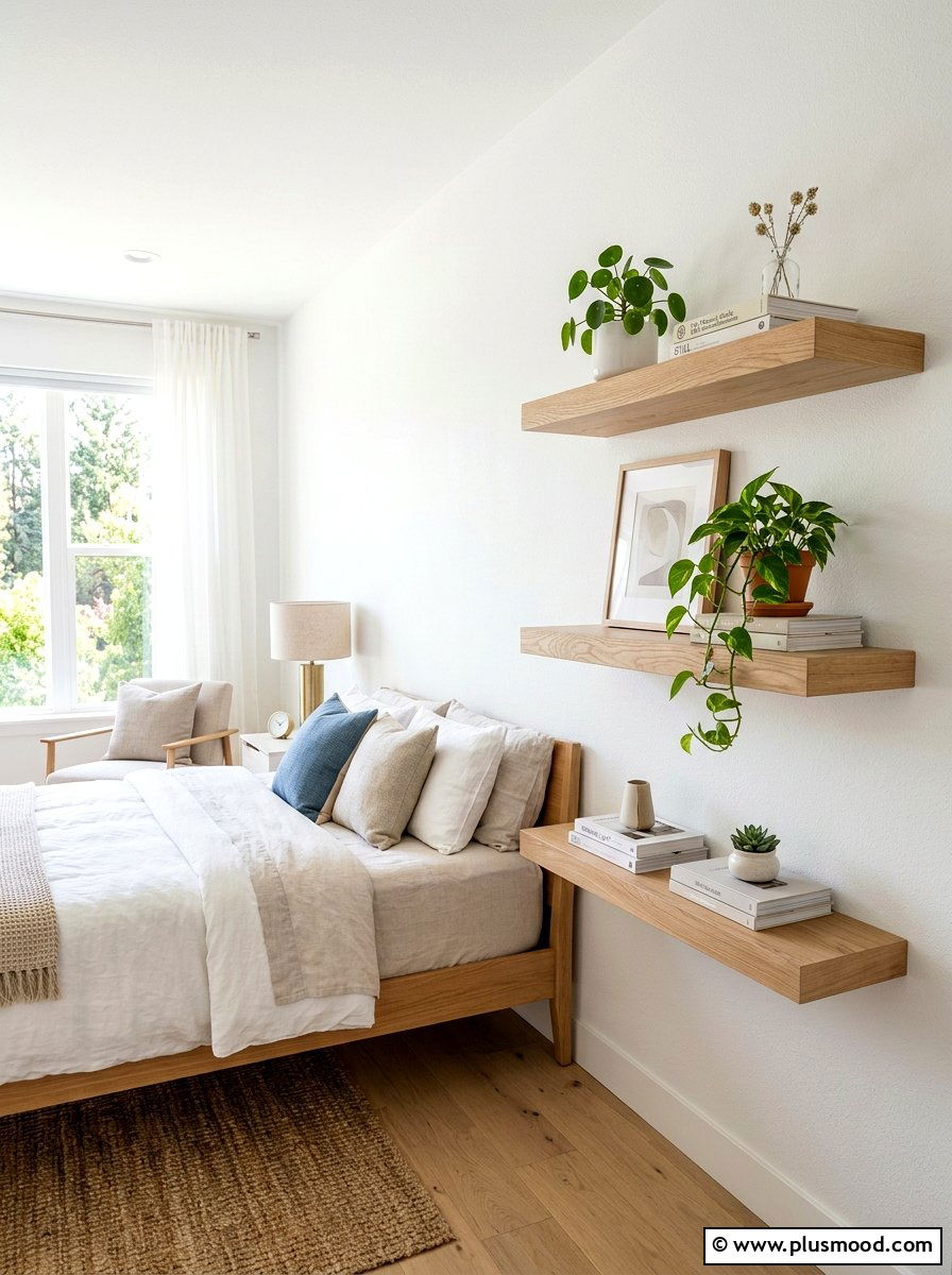 Floating Wood Shelves - 25 light and airy summer bedroom ideas