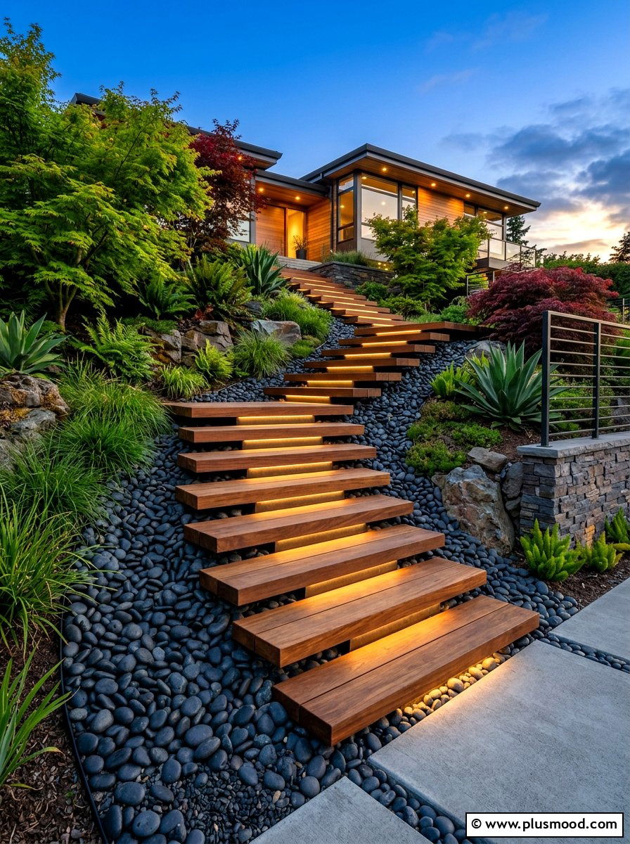 Floating Wood Steps - 25 summer modern curb appeal ideas