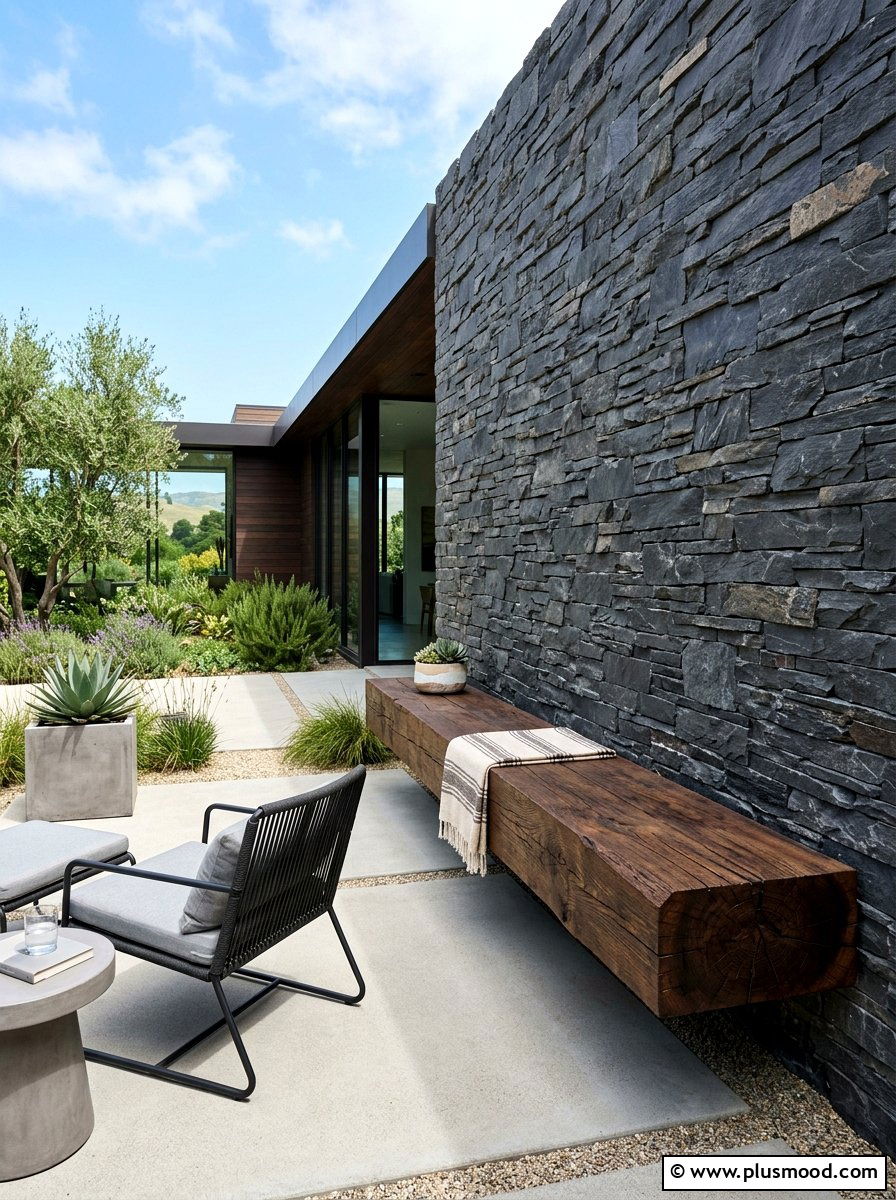 Floating bench on stone wall - 25 small backyard ideas with seating wall