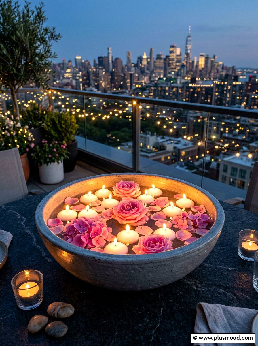 Floating candle water bowl - 25 summer outdoor centerpiece ideas