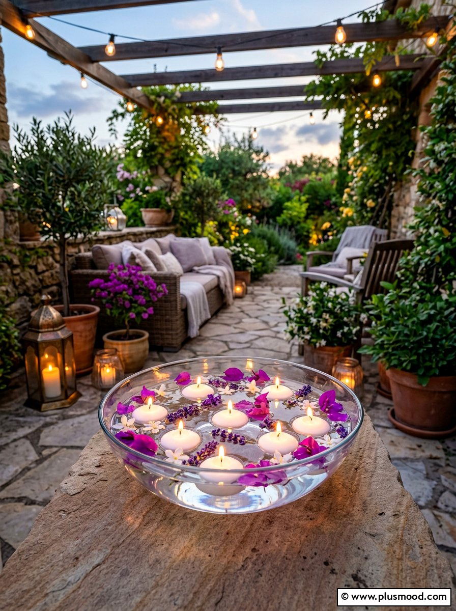 Floating candles in water bowl - 25 summer patio centerpiece ideas