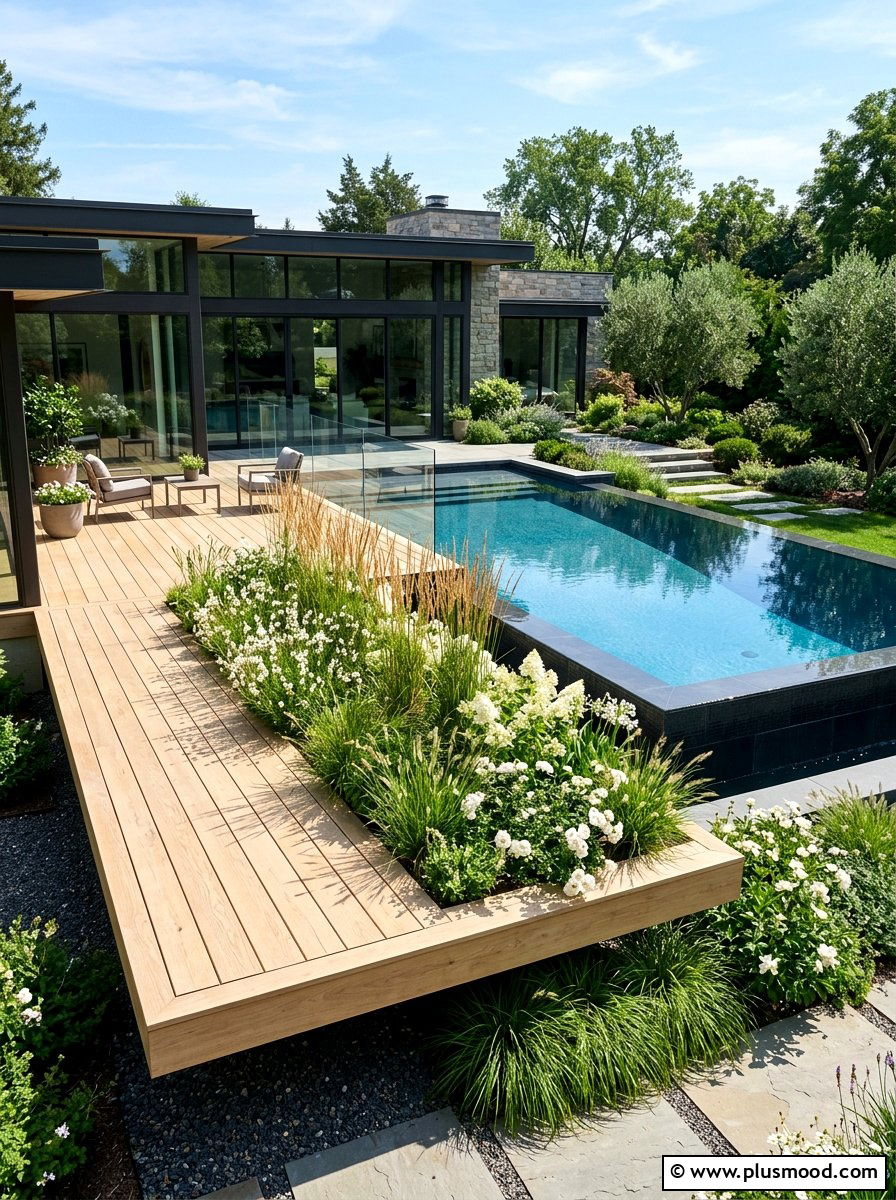 Floating deck flower beds pool - 25 pool landscaping ideas with flower beds
