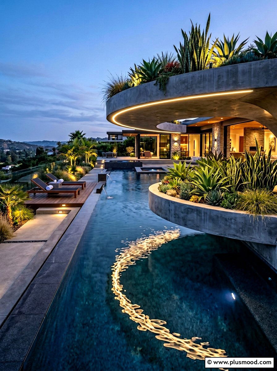 Floating look pool planter - 25 pool landscaping ideas with curved planters