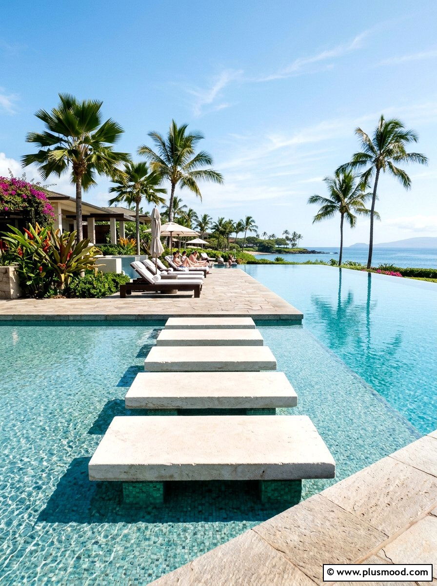 Floating pool steps - 25 pool landscaping ideas with stepping stones