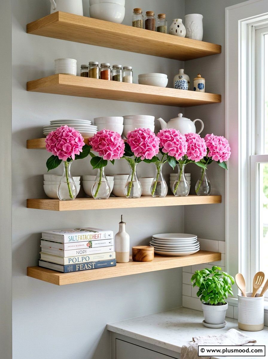 Floating shelf hydrangea bud vases - 25 summer kitchen decor ideas with hydrangeas
