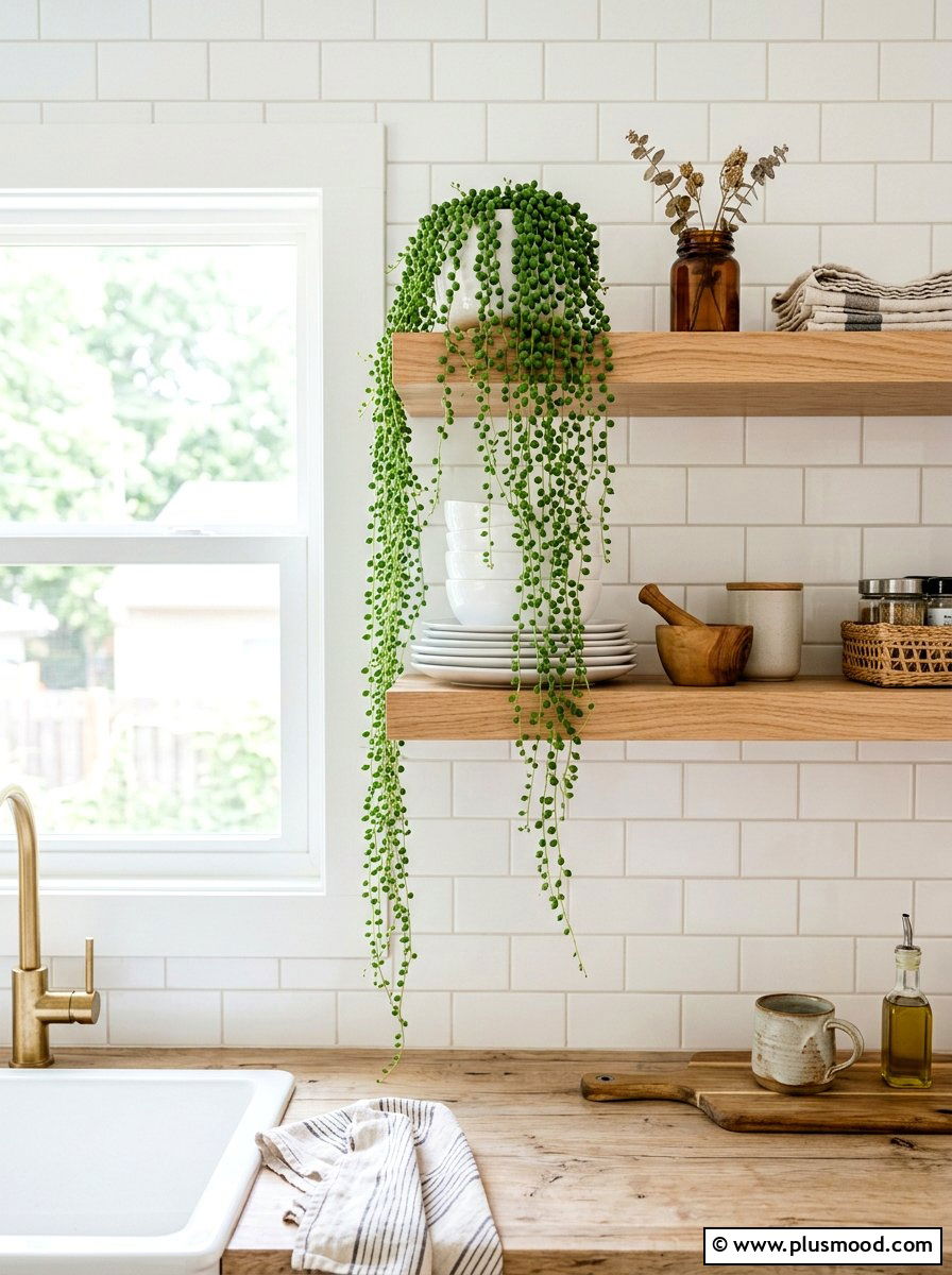 Floating shelf vine decor - 25 summer greenery kitchen decor ideas