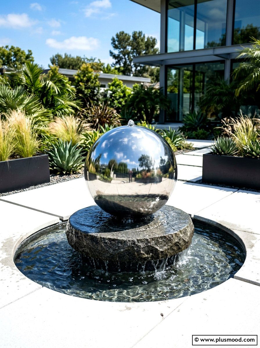 Floating sphere fountain - 25 small backyard ideas with water feature