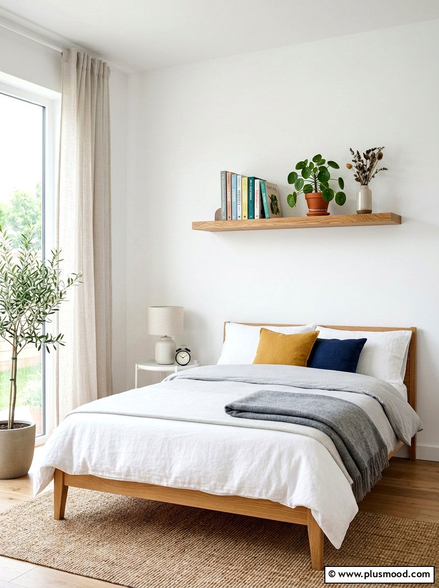 Floating wood shelf - 25 late summer bedroom decor ideas