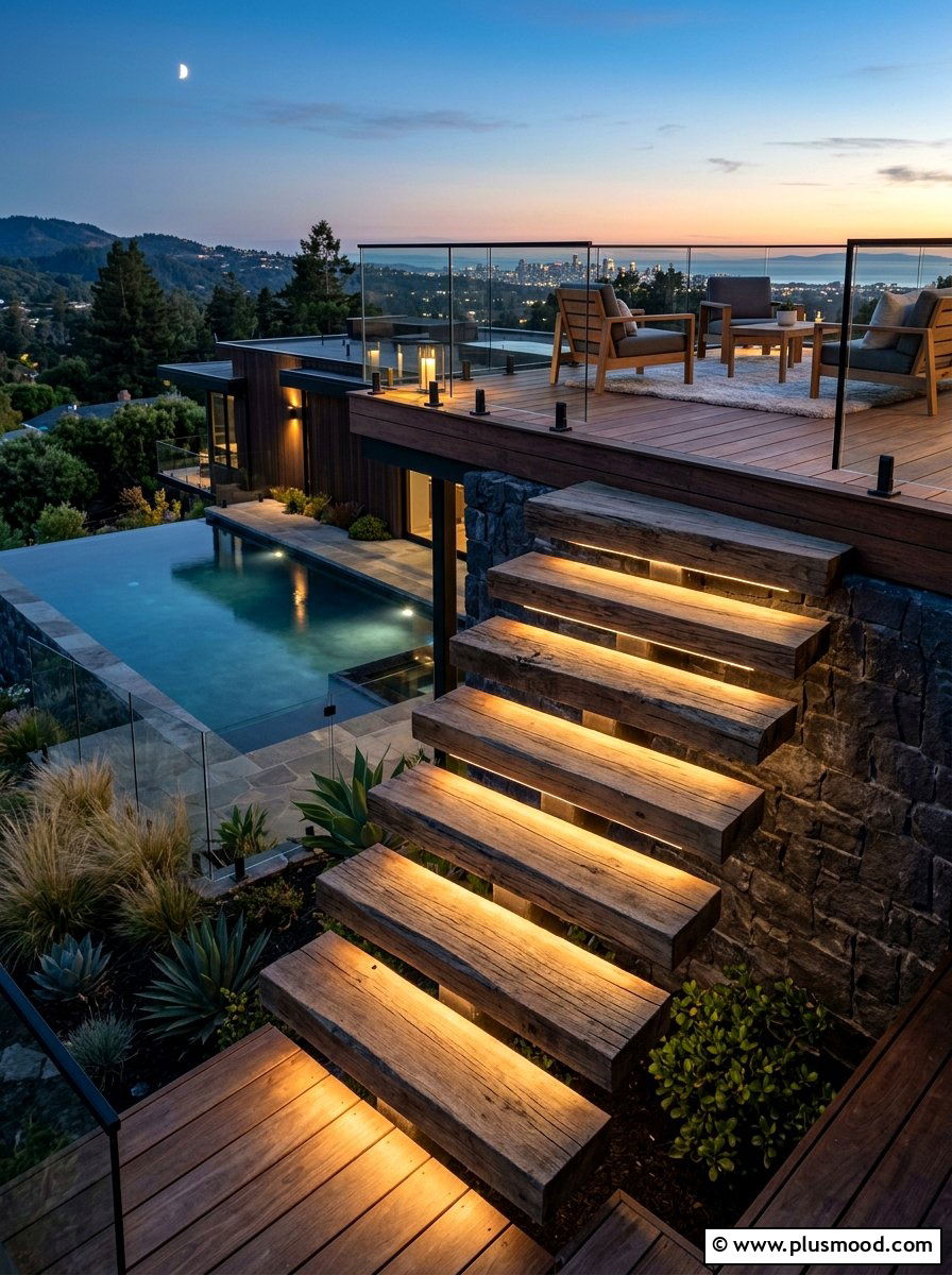 Floating wood steps - 25 pool landscaping ideas for rooftop pools