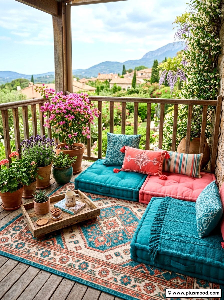 Floor cushions - 25 summer balcony decor ideas