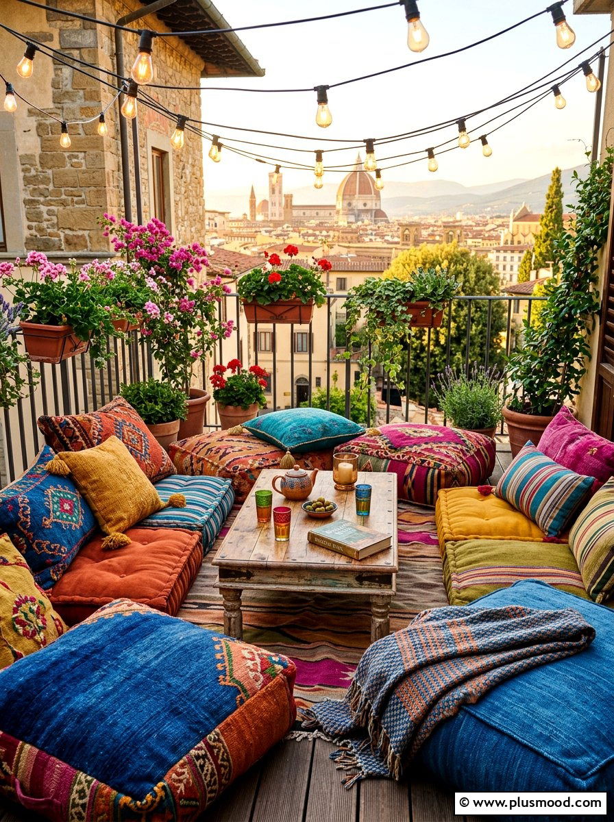 Floor cushions - 25 summer balcony floor decor ideas