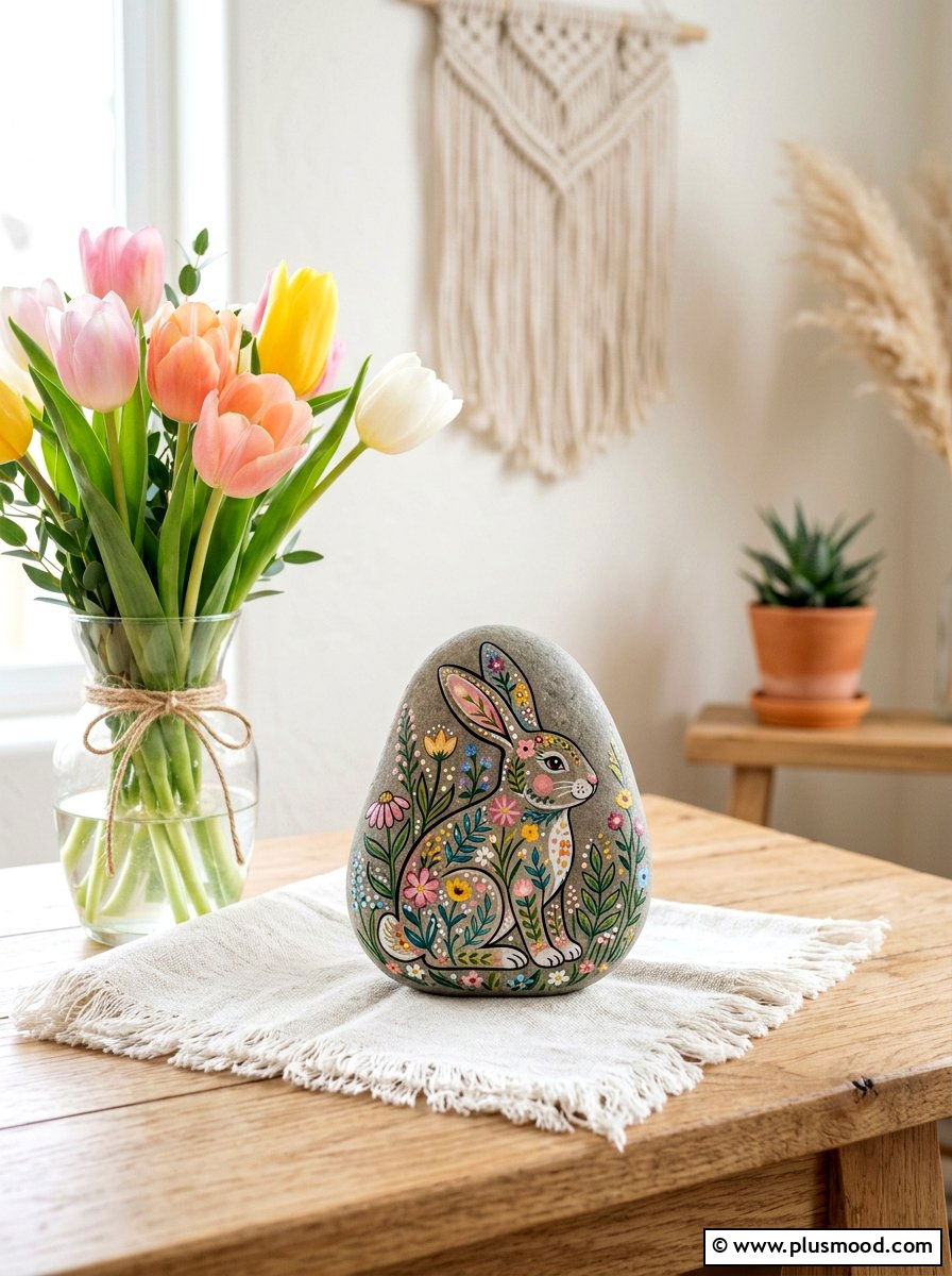 Floral Bunny Painted Stone - 25 painted rock ideas with Easter bunny