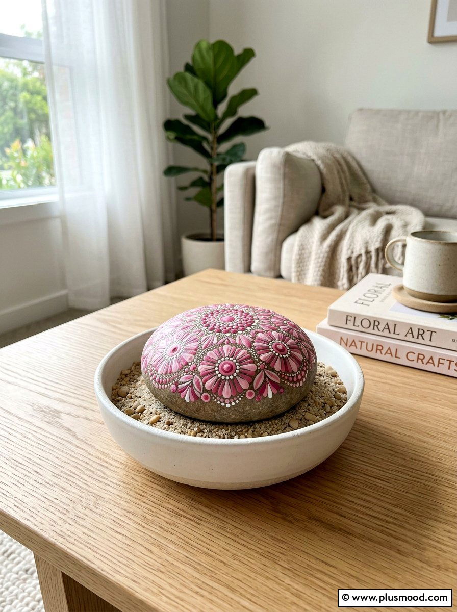 Floral Dot Pattern Stone - 25 painted rock ideas with dot painting