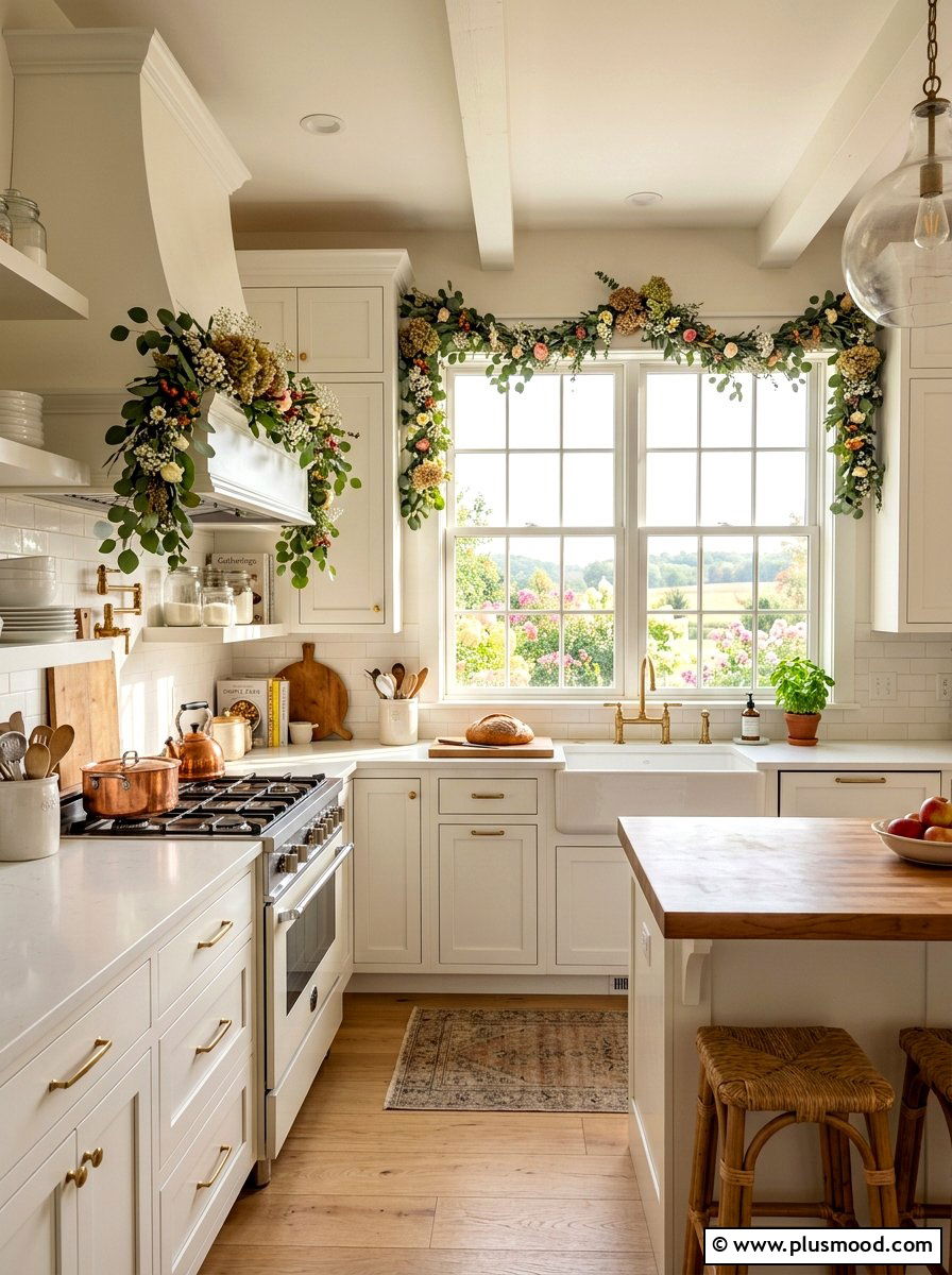 Floral Kitchen Garland - 25 summer farmhouse kitchen decor ideas