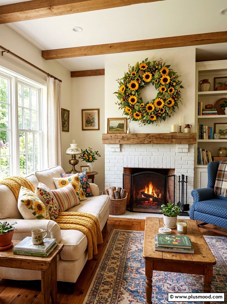 Floral Wreath Living Area - 25 summer wall decor ideas