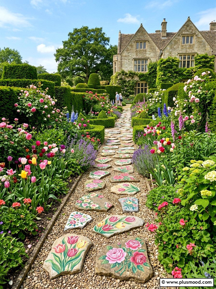 Floral garden rocks - 25 painted rock ideas for stepping stones